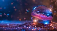 Magical crystal sphere reflecting cosmic nebula and stars against blurred bokeh background in blue and pink colors with glowing light effects and sparkles.