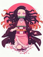 Young female anime character in pink kimono and face mask with flowing black hair against red circle background, cherry blossoms falling, sword at waist.