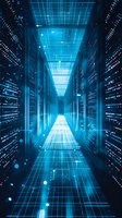 Modern data center corridor with blue digital grid overlay and glowing server racks, representing cloud computing and information technology infrastructure.