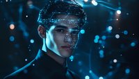 Young Asian male wearing futuristic digital interface glasses surrounded by glowing blue particles and holographic data visualization elements in dark setting.