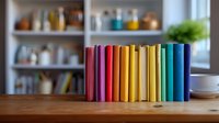Colorful books arranged in rainbow spectrum order standing on wooden table against blurred home interior background with bookshelves and decor.