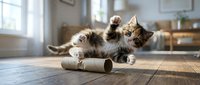 Playful tabby kitten with paws raised lying on wooden floor next to rolled paper, bright sunlit room with windows and furniture in background, suitable for pet care and animal content.
