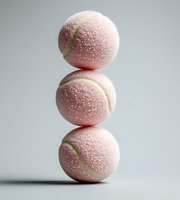 Three stacked pink sugar-coated spheres with green leaf accents on neutral background, isolated for design and commercial use.