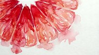 Watercolor painting of pink grapefruit slice with flowing juice drops on textured paper background for kitchen decor and culinary design projects.