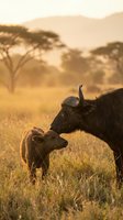 Adult cow and calf bonding in golden savanna grassland at sunset with acacia trees and mountains in background. Wildlife and nature photography.
