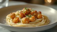 Seared scallops served over creamy pasta with fresh herbs, creating a gourmet seafood dish with rich textures and flavors.
