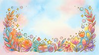 Young girl with diverse ethnicity, wearing casual clothing, surrounded by colorful gift boxes, stars, and floral elements in watercolor style. Isolated design on white background.