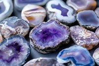 Purple and blue agate crystal slices with natural formations and banded patterns, showing raw edges and translucent centers on dark background.