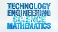 Technology engineering science mathematics text in blue gradient colors with circuit board pattern for educational and STEM promotional materials.
