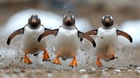 Three gentoo penguins running in synchronized motion along beach, kicking up sand and water droplets, displaying playful behavior and natural movement in wildlife setting.