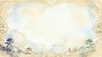 Vintage ornamental frame with watercolor landscape vignette featuring misty mountains, traditional trees, and decorative gold scrollwork border on aged parchment background. Suitable for invitations, certificates, and design templates.