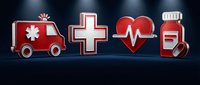 Red medical icons set with ambulance, cross, heartbeat and pill bottle on dark background for healthcare design projects.