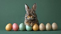 Adorable brown bunny sitting among colorful speckled Easter eggs arranged in row against dark green background, festive spring holiday composition.