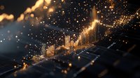 Glowing financial chart with golden particles rising upward against dark background shows market growth and success in business analytics visualization.