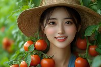 Young Asian woman in straw hat smiling among ripe tomato plants in garden, wearing blue top, natural daylight creating warm atmosphere in organic setting.