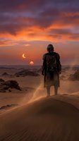 Armored warrior stands on desert dune watching dramatic sunset with twin suns in orange purple sky. Science fiction adventure concept for gaming design.