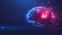 Glowing digital brain with AI text in neon colors against dark background, neural network visualization with particles and light effects for technology concept.