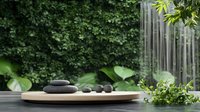 Zen garden arrangement with black massage stones on wooden plate against green wall backdrop, creating serene spa atmosphere. Fresh herbs add natural element.