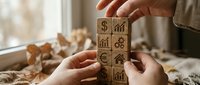 Business professional stacking wooden blocks with growth charts and success icons in warm office setting for corporate strategy and development concepts.
