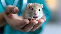 Adorable white pet rat sitting in caring hands of veterinarian during medical examination, close up view showing gentle interaction and animal care.