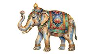 Ornate golden elephant with intricate jeweled decorative saddle blanket and ornamental details, isolated on white background for design use.