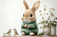 Adorable bunny wearing mint green knitted sweater sits next to ceramic birds and white flowers in vase against light background, creating cozy home decor atmosphere.