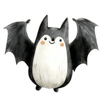 Cute cartoon bat character with white belly, black wings and rosy cheeks on white background, perfect for Halloween designs.