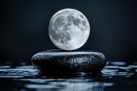 Surreal composition of full moon floating above wet black stone in dark water, creating mystical zen atmosphere with reflection. Perfect for wellness and meditation.