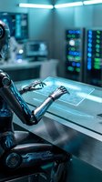 Advanced robot with metallic hands operating holographic interface in futuristic laboratory with glowing blue server lights and modern technology equipment.
