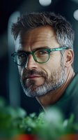 Portrait of mature Caucasian man with gray hair and beard wearing green glasses, looking confidently at camera. Soft bokeh background with natural foliage elements.