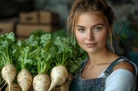 Young Caucasian woman in denim overalls holding fresh harvested parsnips with green tops, natural light portrait in rustic setting, organic farming lifestyle.