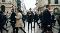 Confident businessman standing still among blurred motion of rushing commuters on busy city street during peak hours creating dynamic urban energy scene.