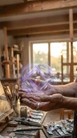Hands holding glowing geometric hologram in rustic art studio workshop with paintbrushes and creative tools for digital design concepts.