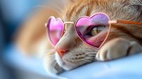 Ginger cat wearing heart shaped pink sunglasses lying on blue fabric, close up portrait of sleepy relaxed pet in romantic valentines style accessories.