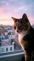Tabby and white cat gazing out high-rise window at rainy cityscape during sunset, urban rooftop view with residential buildings and pink sky backdrop for pet lifestyle and animal behavior content.