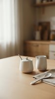 White ceramic sugar bowl with spoon and creamer pitcher on wooden table in bright kitchen interior with natural light from window.