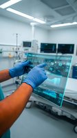 Healthcare professional using transparent digital tablet displaying patient vital signs and medical data in modern hospital intensive care unit.