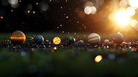 Miniature solar system model with planets aligned on dark surface with bokeh light effects and sunburst, cosmic space exploration concept for astronomy education.