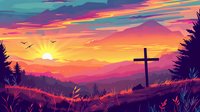Dramatic sunset landscape with silhouette of Christian cross on hilltop, vibrant pink and orange sky, mountain ranges, and evergreen forest creating spiritual atmosphere.