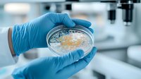 Laboratory scientist in blue gloves examining bacterial culture in petri dish against blurred lab equipment background, demonstrating microbiology research.