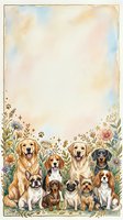 Adorable group of various dog breeds sitting together in watercolor floral border frame with paw prints and botanical elements for pet lover designs.