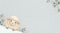 Cute sheep character with fluffy wool and smiling face surrounded by eucalyptus leaves and golden stars on soft gray background for children's illustrations and nursery designs.