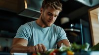 Young Caucasian man in light blue shirt cooking fresh vegetables in modern kitchen, preparing healthy meal at home for lifestyle and nutrition content.