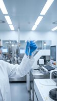 Scientist in blue gloves examining test tube sample in modern sterile laboratory with advanced equipment for research and pharmaceutical development.