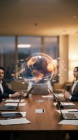 Holographic Earth globe with orbital rings floating above corporate boardroom table during business meeting with executives discussing global strategy.