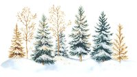 Winter forest scene with snow-covered evergreen and bare trees in watercolor style on white background, isolated for seasonal design projects.