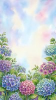 Watercolor hydrangea flowers frame with pastel sky background for spring wedding invitations, greeting cards, botanical stationery and floral design projects.