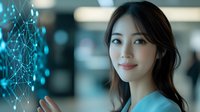 Young Asian businesswoman interacting with futuristic holographic network interface in modern office environment for technology and innovation concepts.