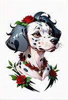 Stylized Dalmatian dog portrait with red roses and decorative elements on white background, feminine character design with spotted coat and floral collar.