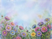 Watercolor wildflower meadow with purple pink blooms on pastel sky background for spring garden design projects and botanical artwork applications.